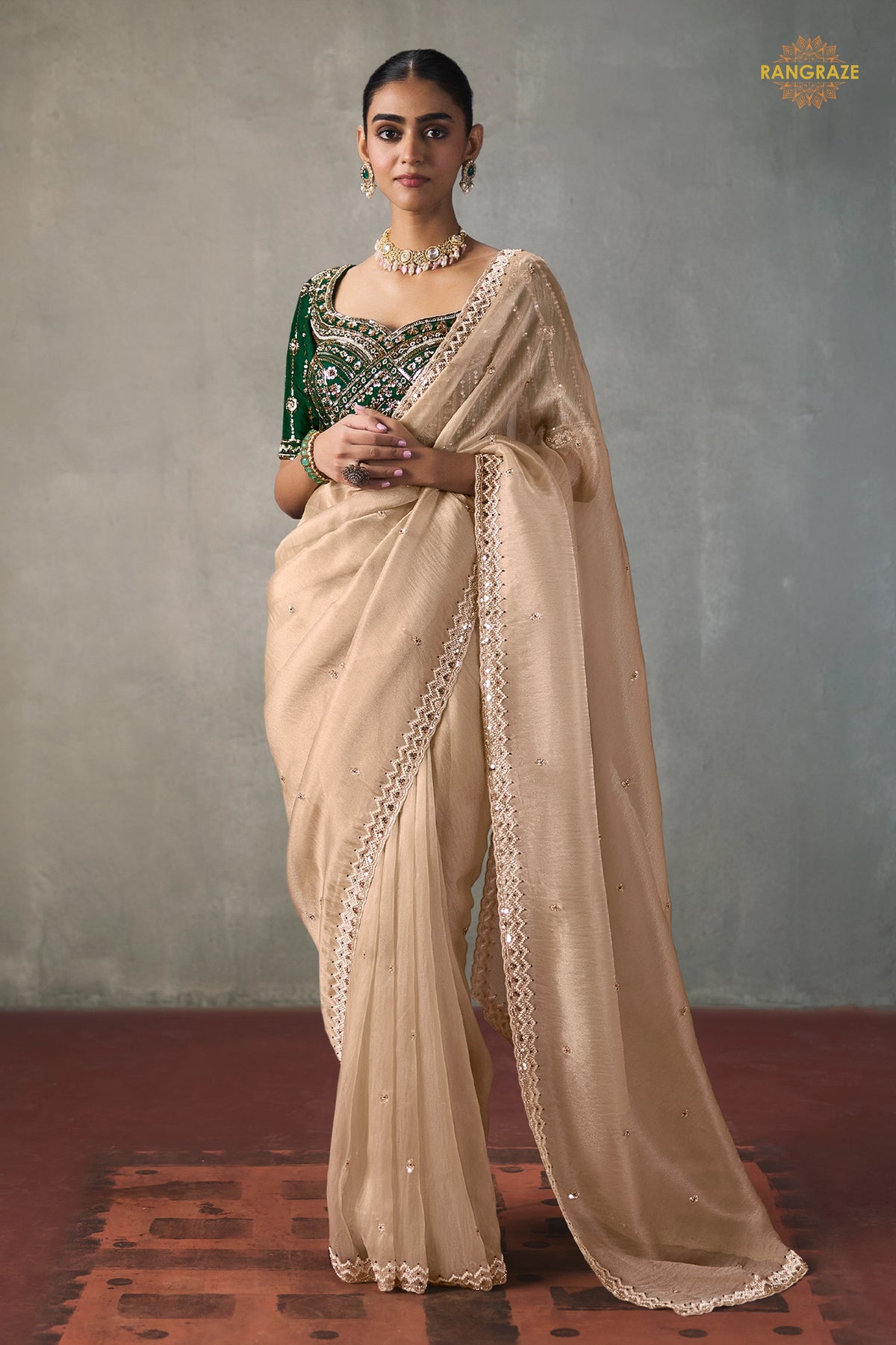Gold Cream Bead Work Sheer Texture Silk Saree