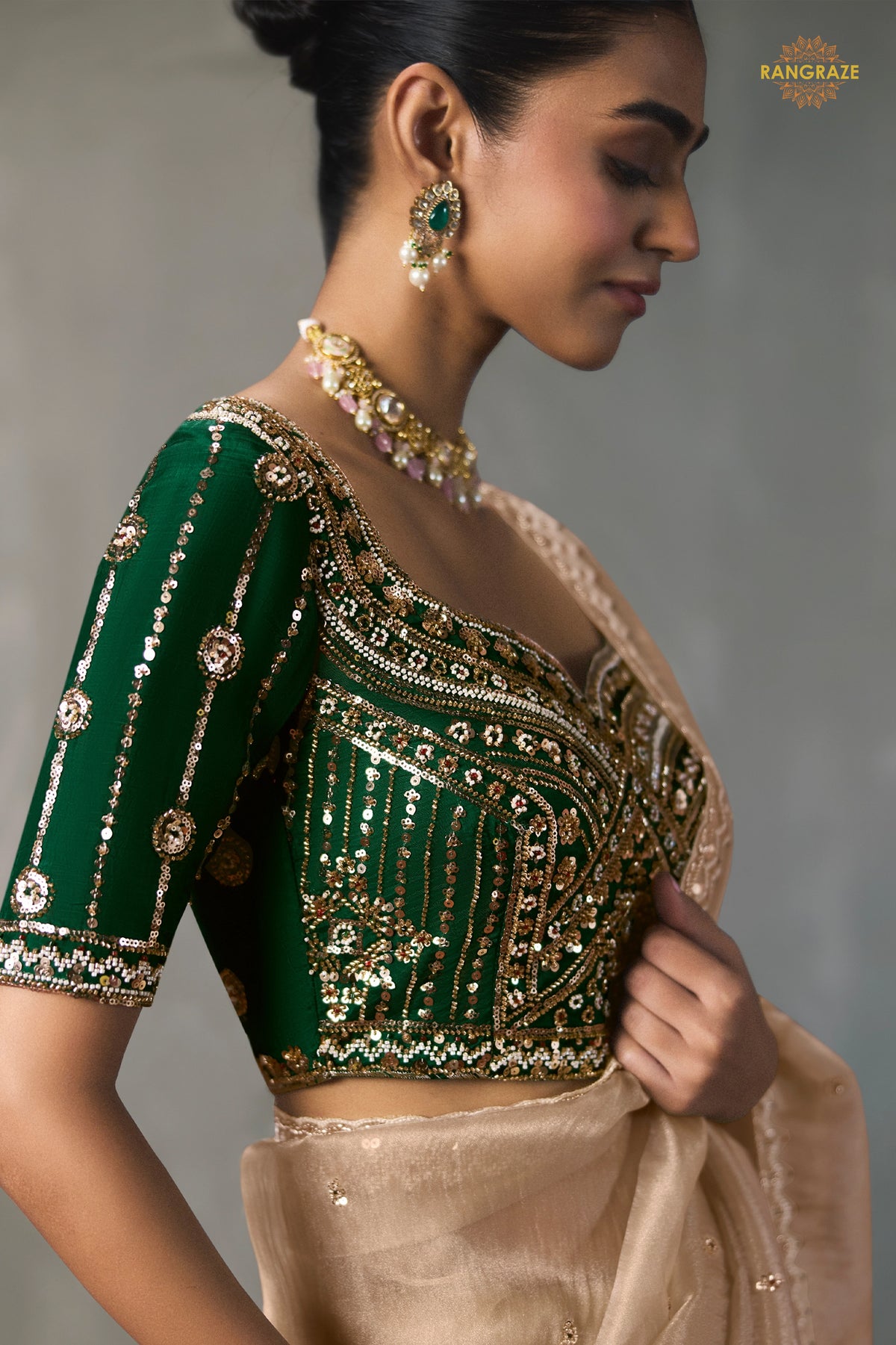 Gold Cream Bead Work Sheer Texture Silk Saree