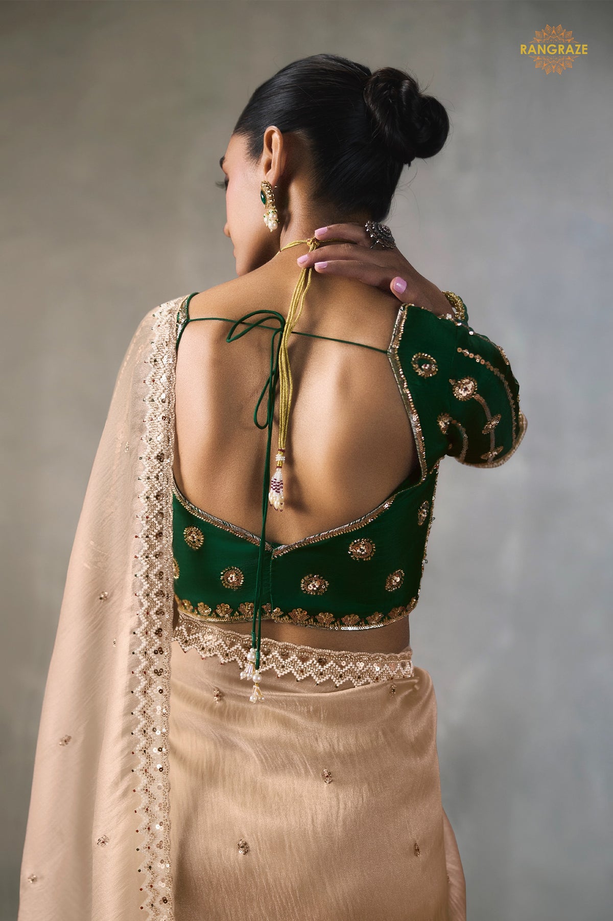 Gold Cream Bead Work Sheer Texture Silk Saree