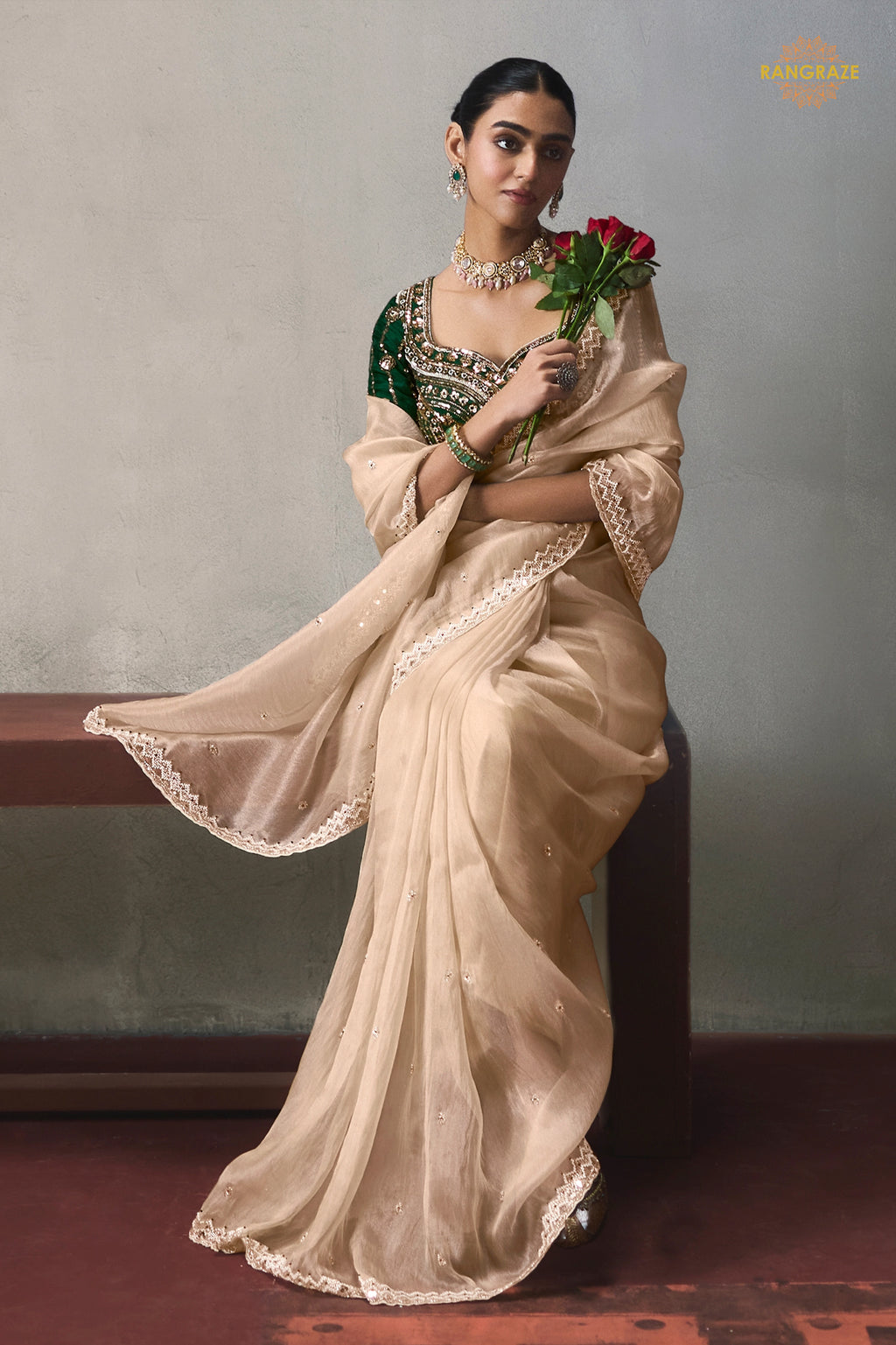 Gold Cream Bead Work Sheer Texture Silk Saree