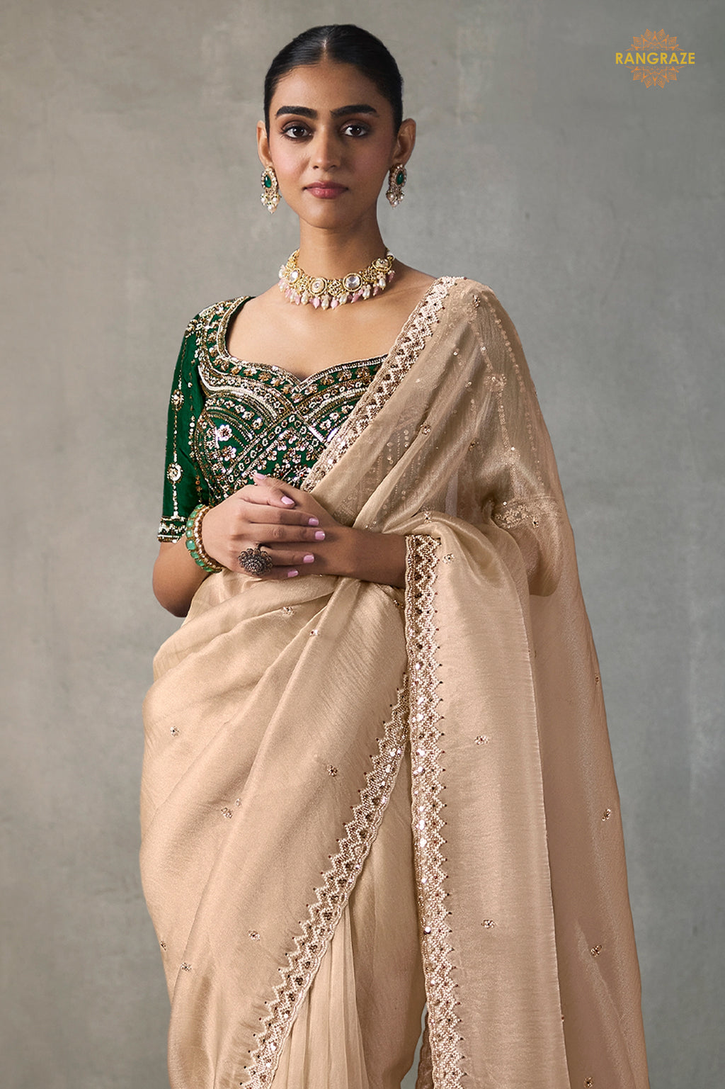 Gold Cream Bead Work Sheer Texture Silk Saree