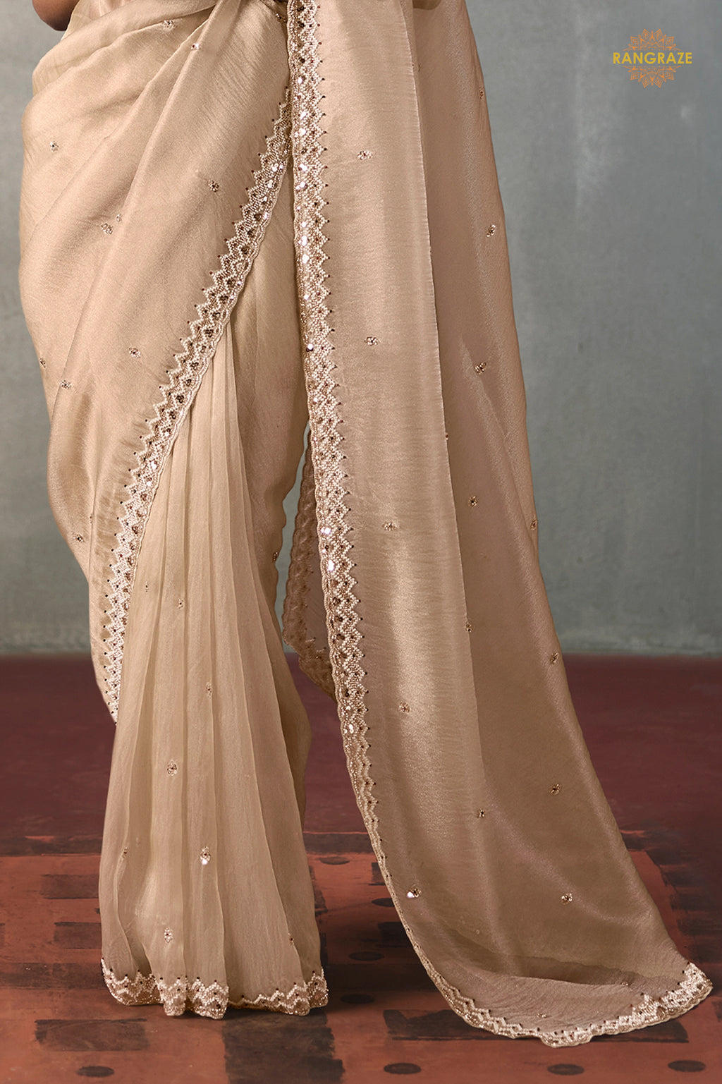 Gold Cream Bead Work Sheer Texture Silk Saree