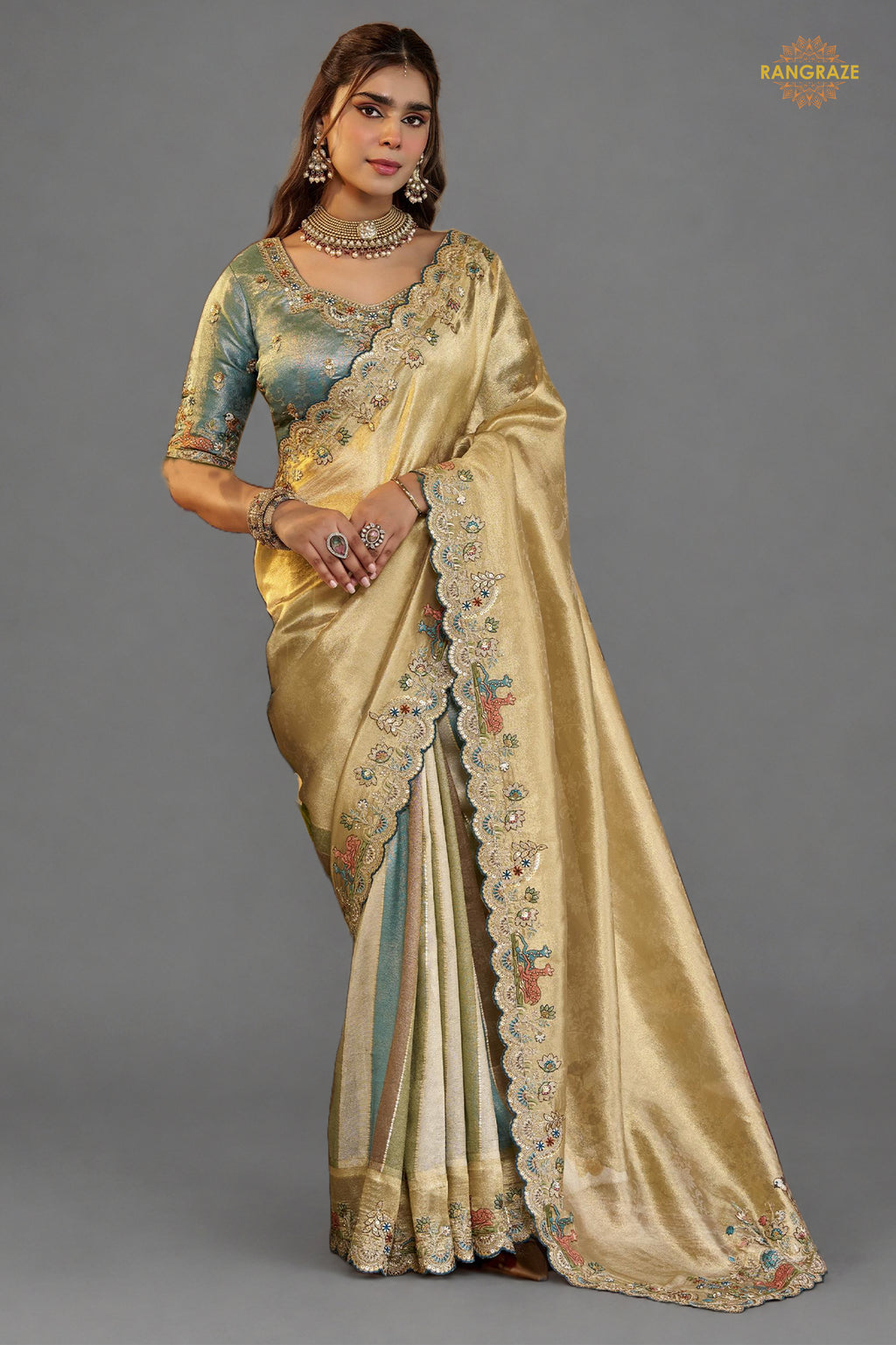 Golden And Blue Embroidred Fancy Silk Saree
