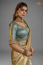 Golden And Blue Embroidred Fancy Silk Saree