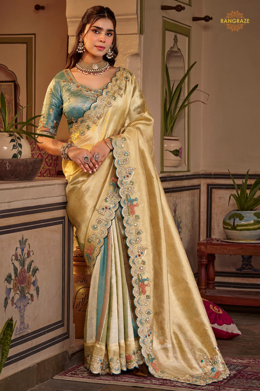 Golden And Blue Embroidred Fancy Silk Saree