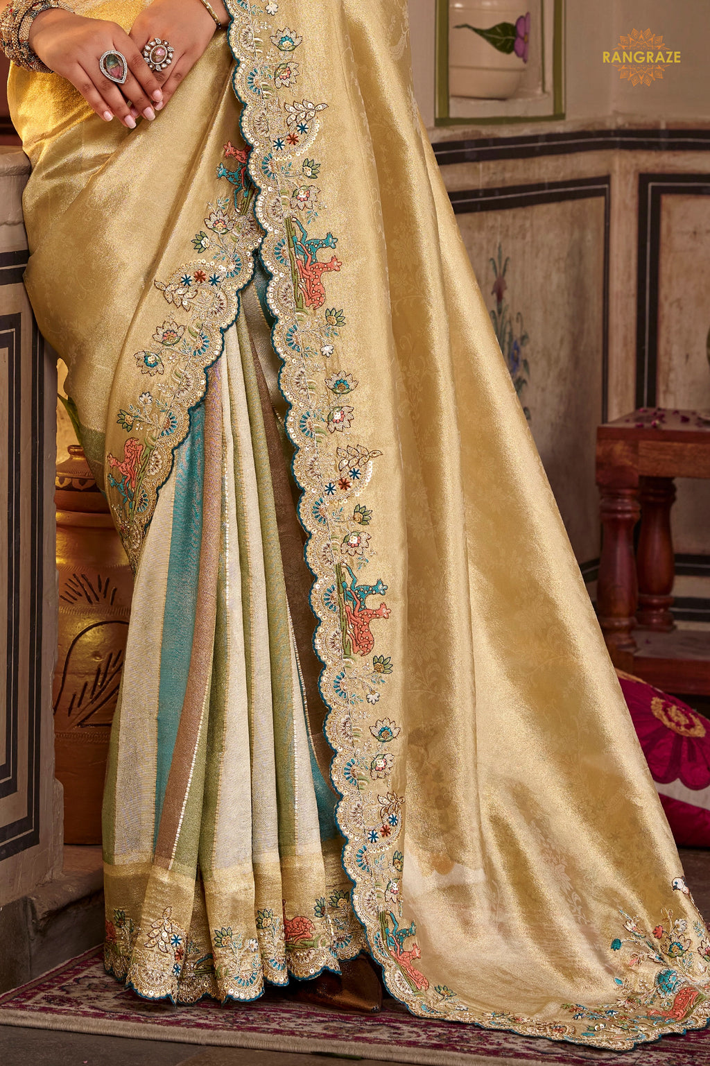 Golden And Blue Embroidred Fancy Silk Saree
