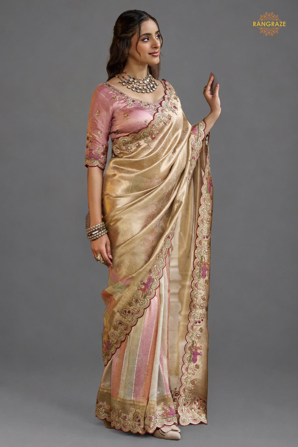 Golden And Pink Embroidred Fancy Silk Saree