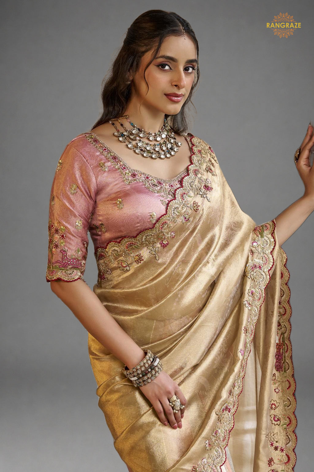 Golden And Pink Embroidred Fancy Silk Saree