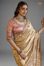 Golden And Pink Embroidred Fancy Silk Saree