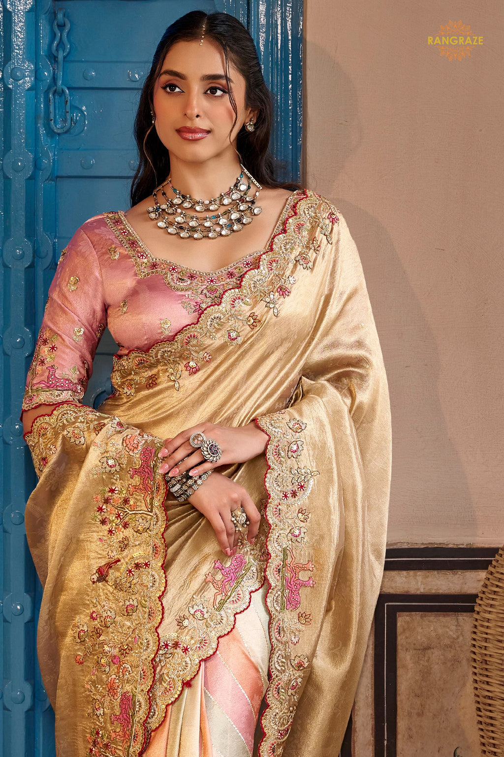 Golden And Pink Embroidred Fancy Silk Saree