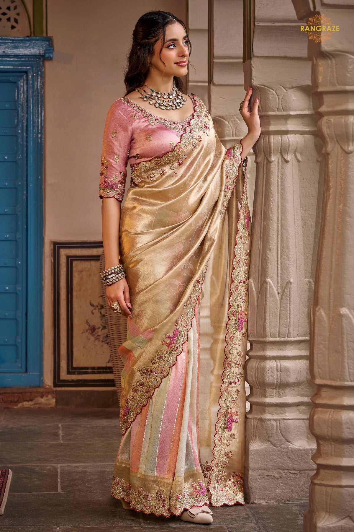 Golden And Pink Embroidred Fancy Silk Saree