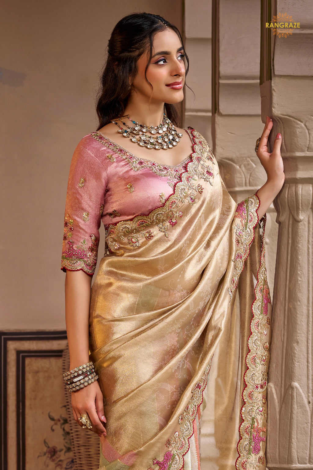 Golden And Pink Embroidred Fancy Silk Saree