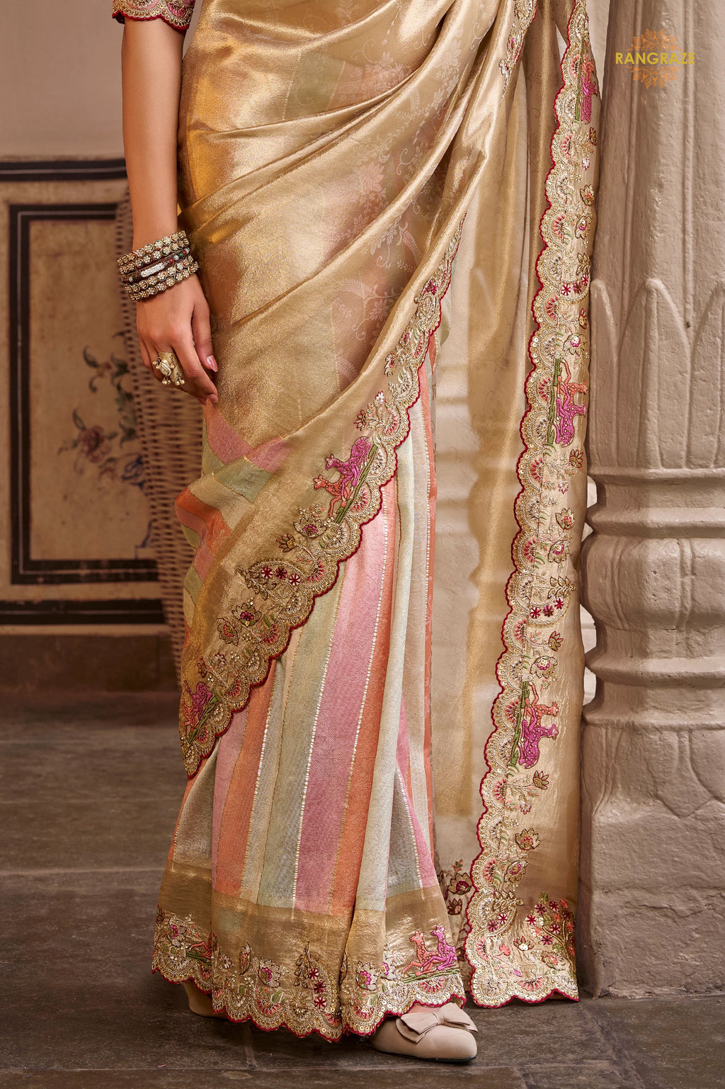 Golden And Pink Embroidred Fancy Silk Saree