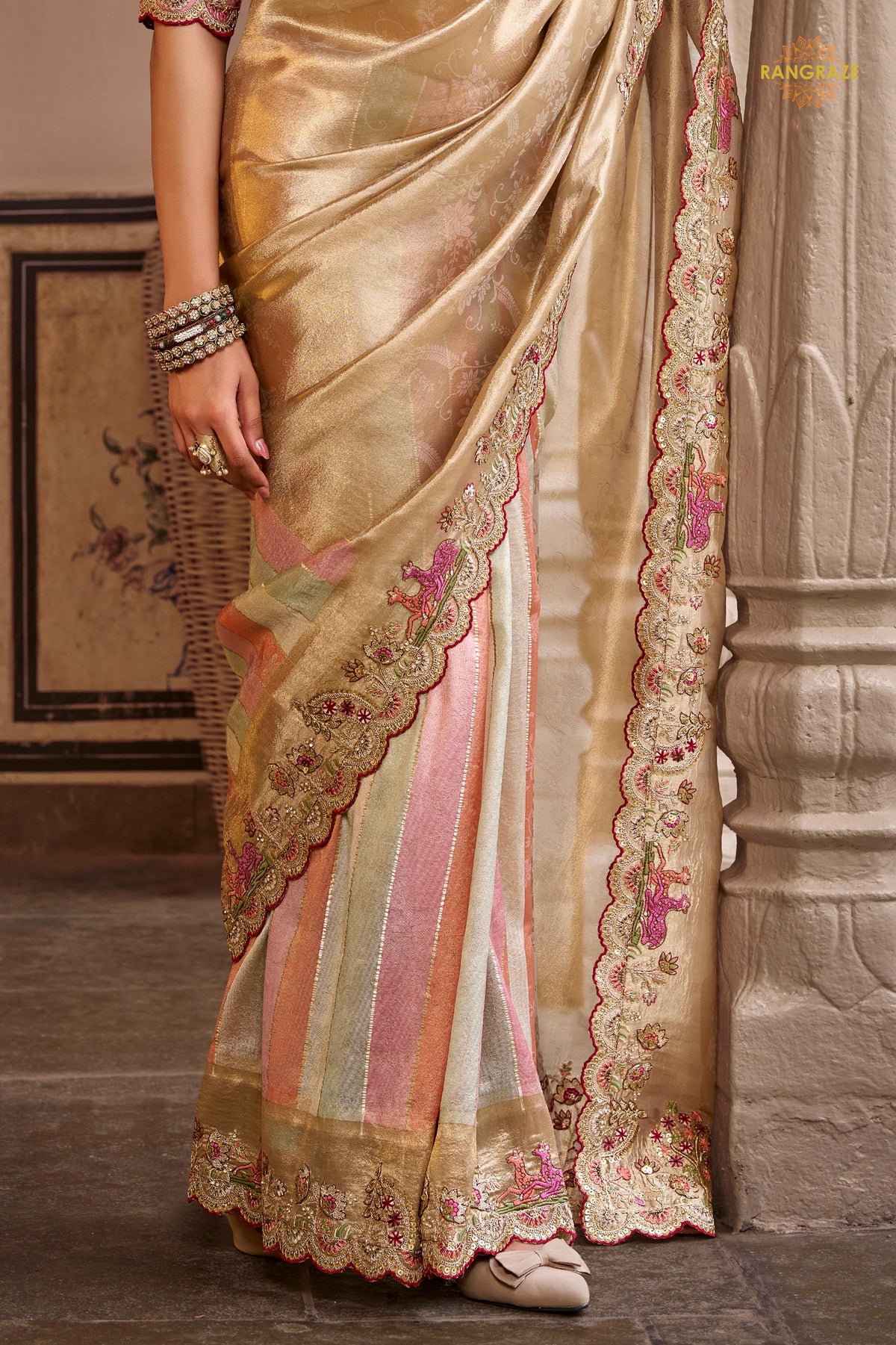 Golden And Pink Embroidred Fancy Silk Saree