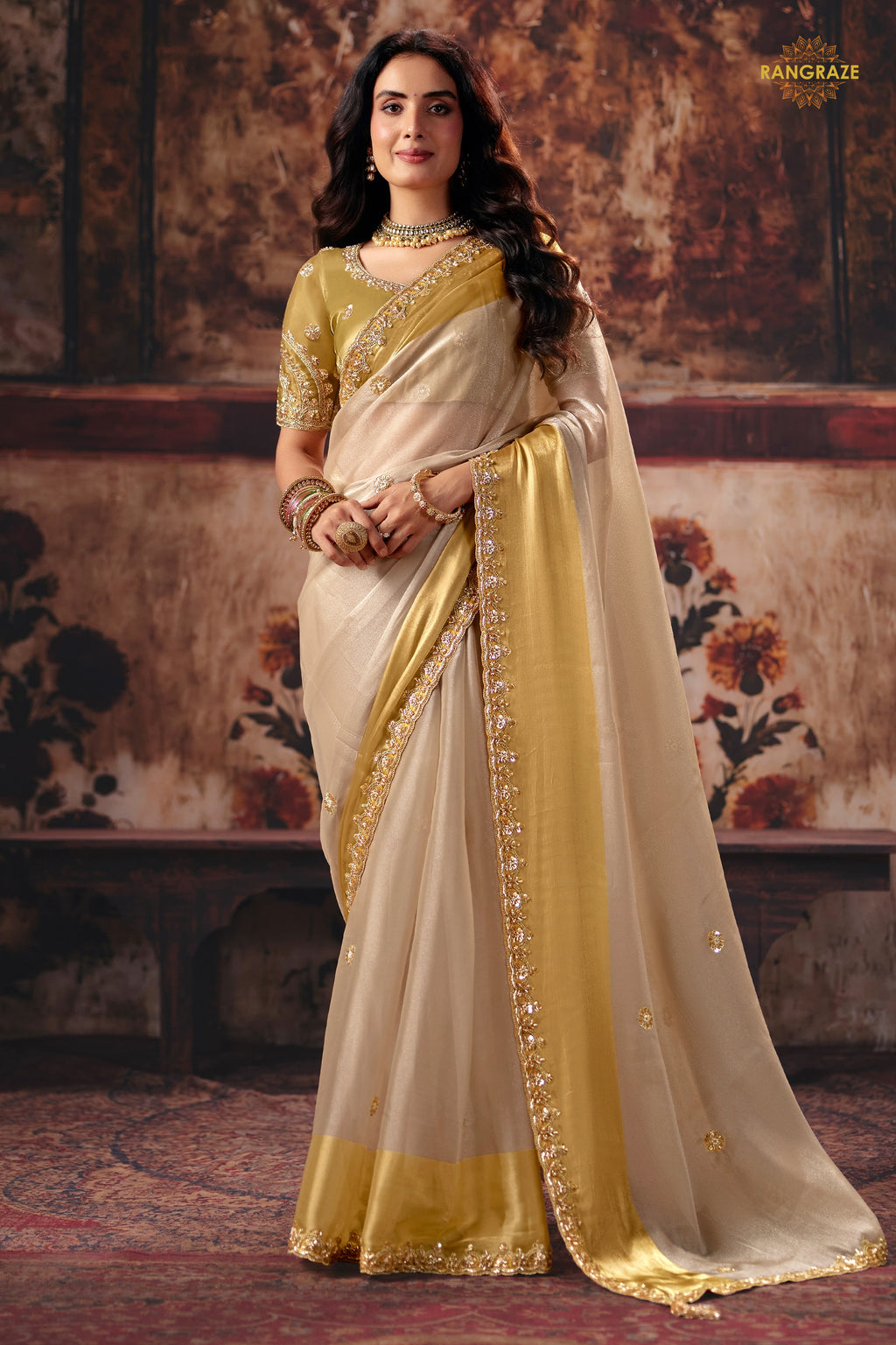 Golden Beige Designer Satin Silk Saree With Embroidered Blouse