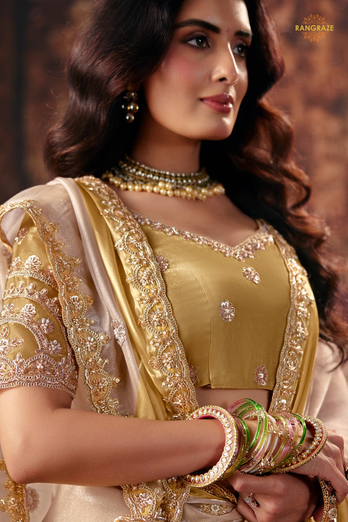 Golden Beige Designer Satin Silk Saree With Embroidered Blouse