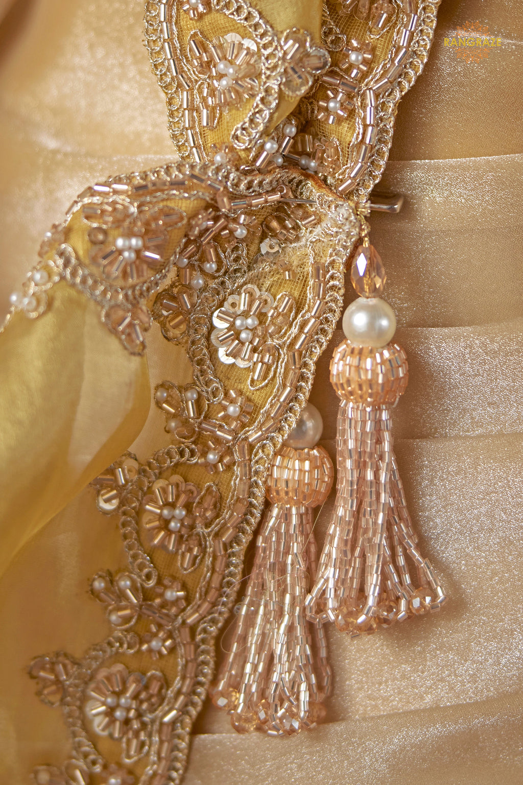 Golden Beige Designer Satin Silk Saree With Embroidered Blouse