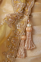 Golden Beige Designer Satin Silk Saree With Embroidered Blouse