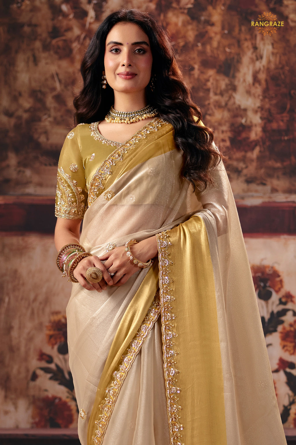 Golden Beige Designer Satin Silk Saree With Embroidered Blouse
