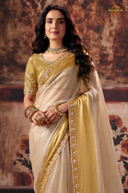 Golden Beige Designer Satin Silk Saree With Embroidered Blouse