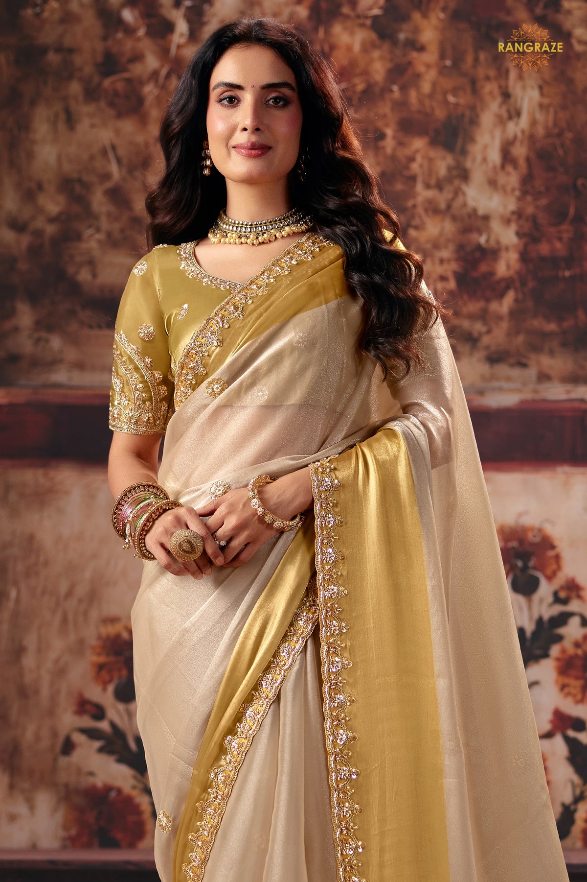 Golden Beige Designer Satin Silk Saree With Embroidered Blouse