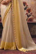 Golden Beige Designer Satin Silk Saree With Embroidered Blouse