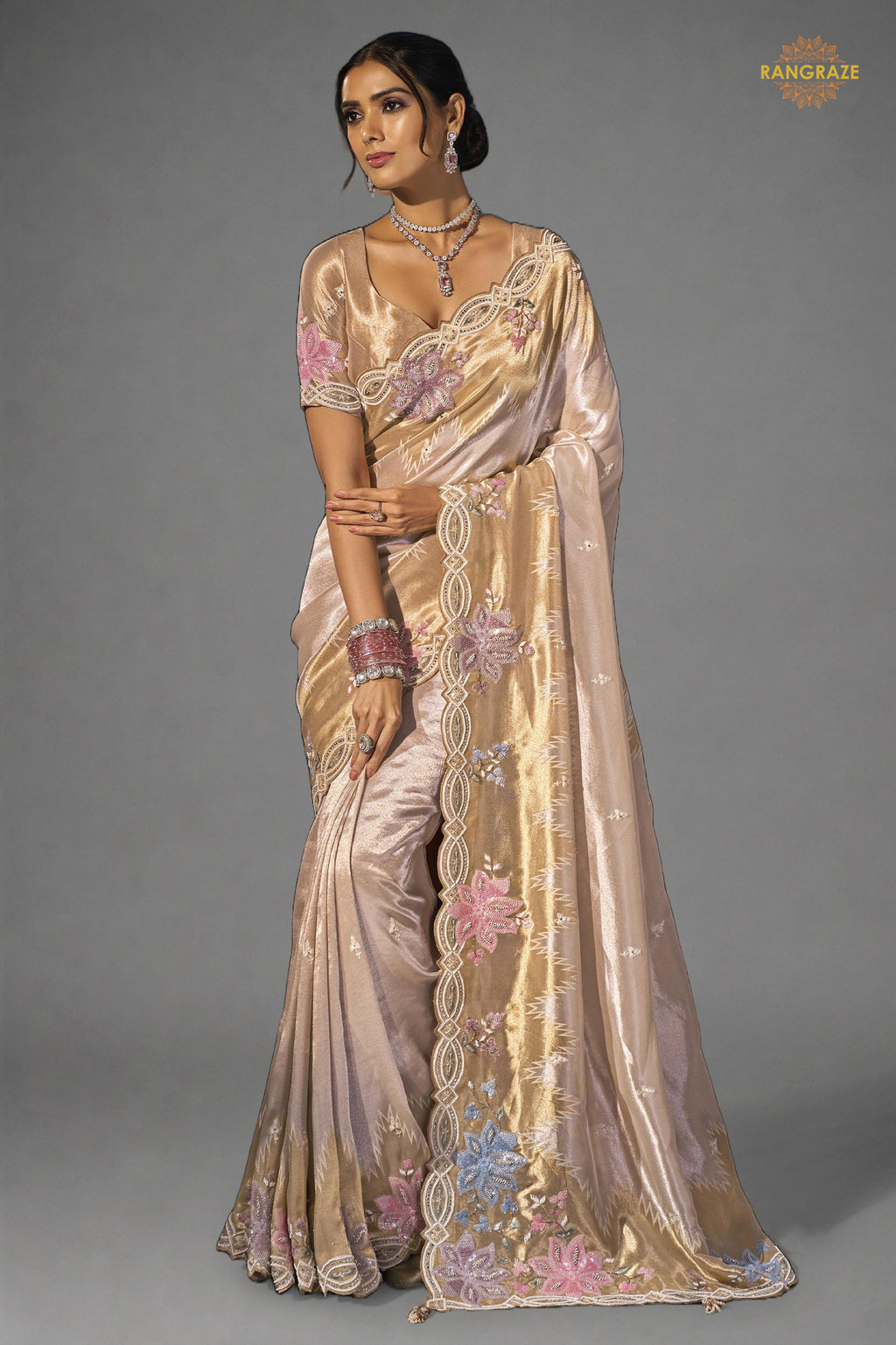 Golden Cream Embroidered Madhurai Silk Saree