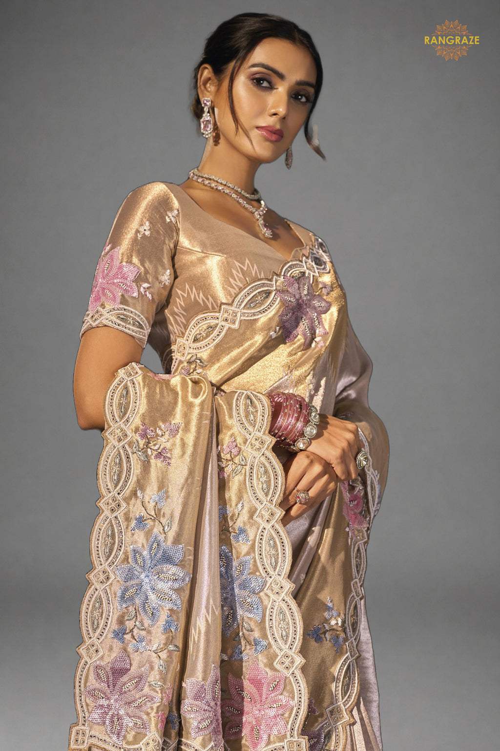Golden Cream Embroidered Madhurai Silk Saree