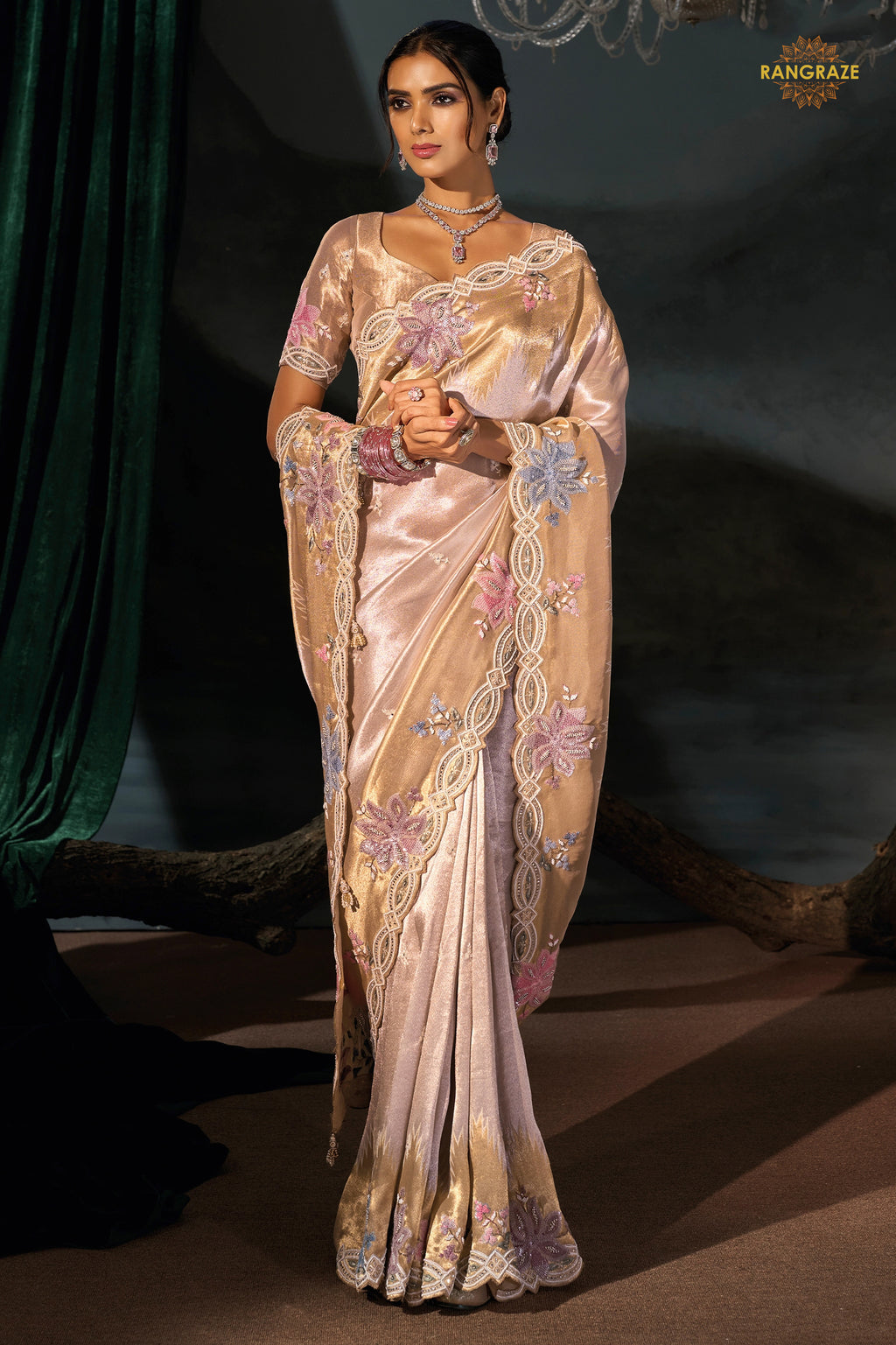Golden Cream Embroidered Madhurai Silk Saree