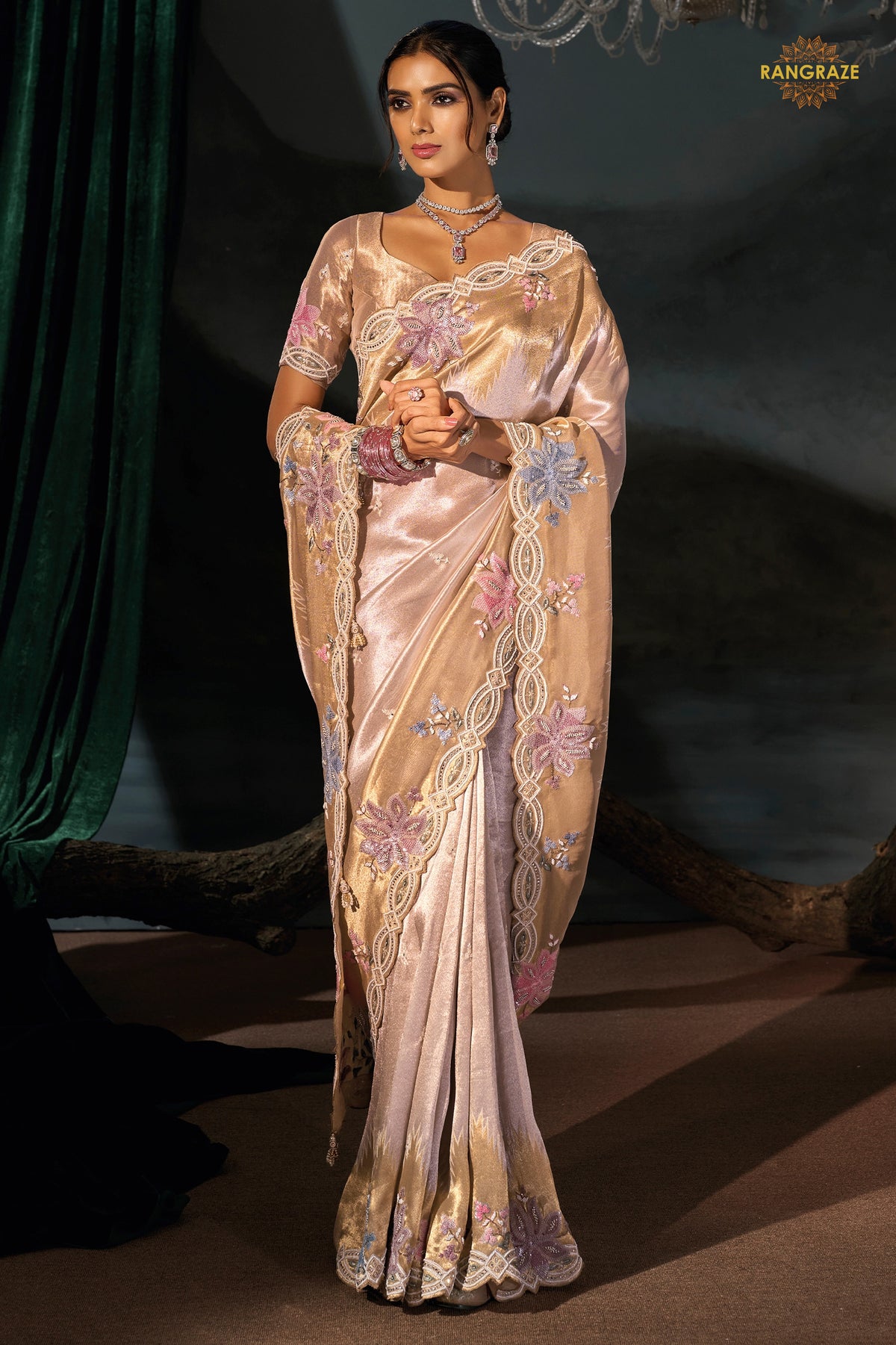 Golden Cream Embroidered Madhurai Silk Saree