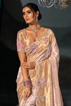 Golden Cream Embroidered Madhurai Silk Saree
