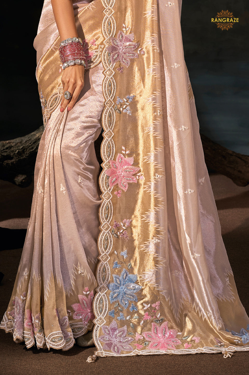 Golden Cream Embroidered Madhurai Silk Saree