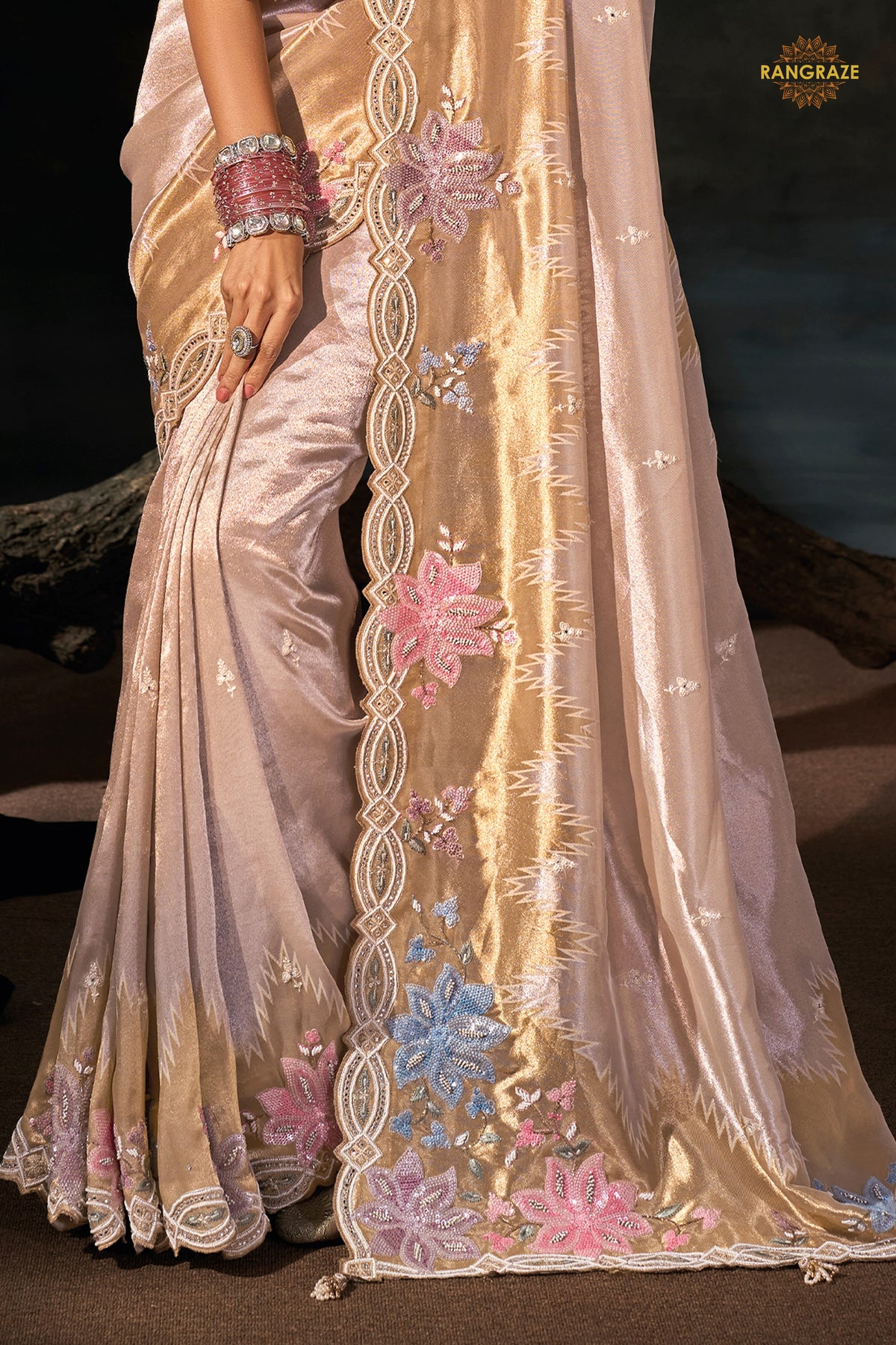 Golden Cream Embroidered Madhurai Silk Saree