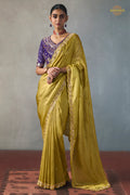 Golden Olive Bead Work Sheer Texture Silk Saree