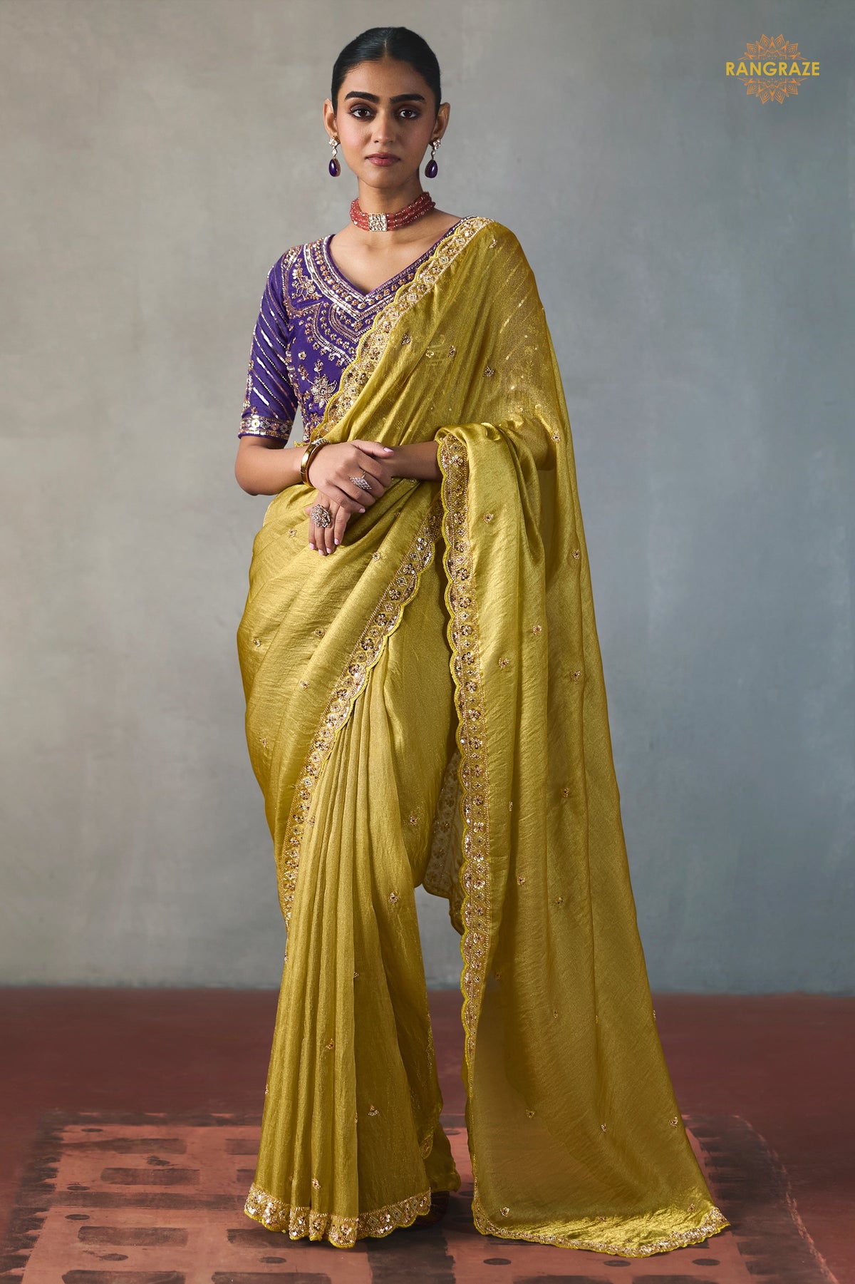 Golden Olive Bead Work Sheer Texture Silk Saree