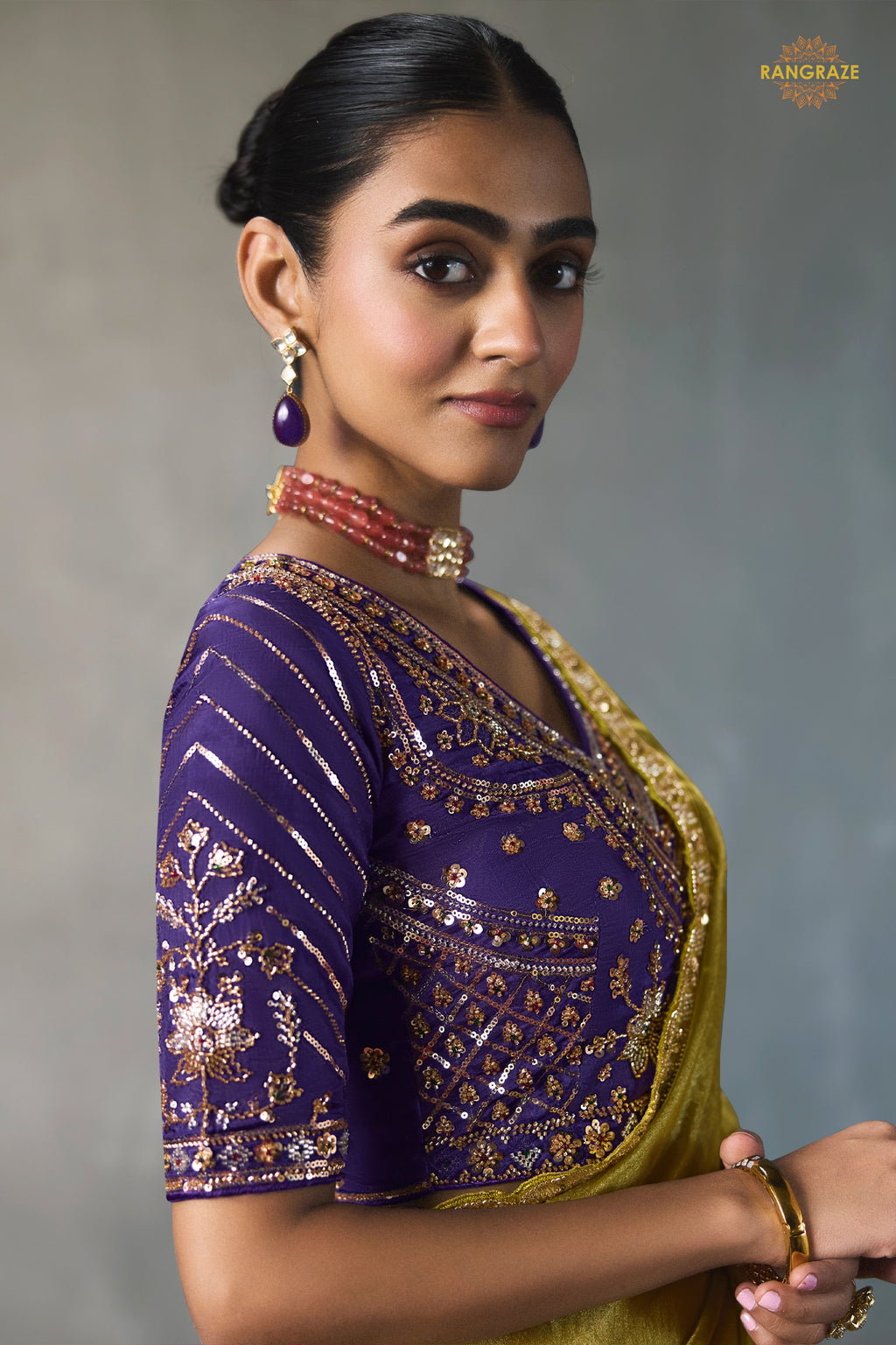Golden Olive Bead Work Sheer Texture Silk Saree