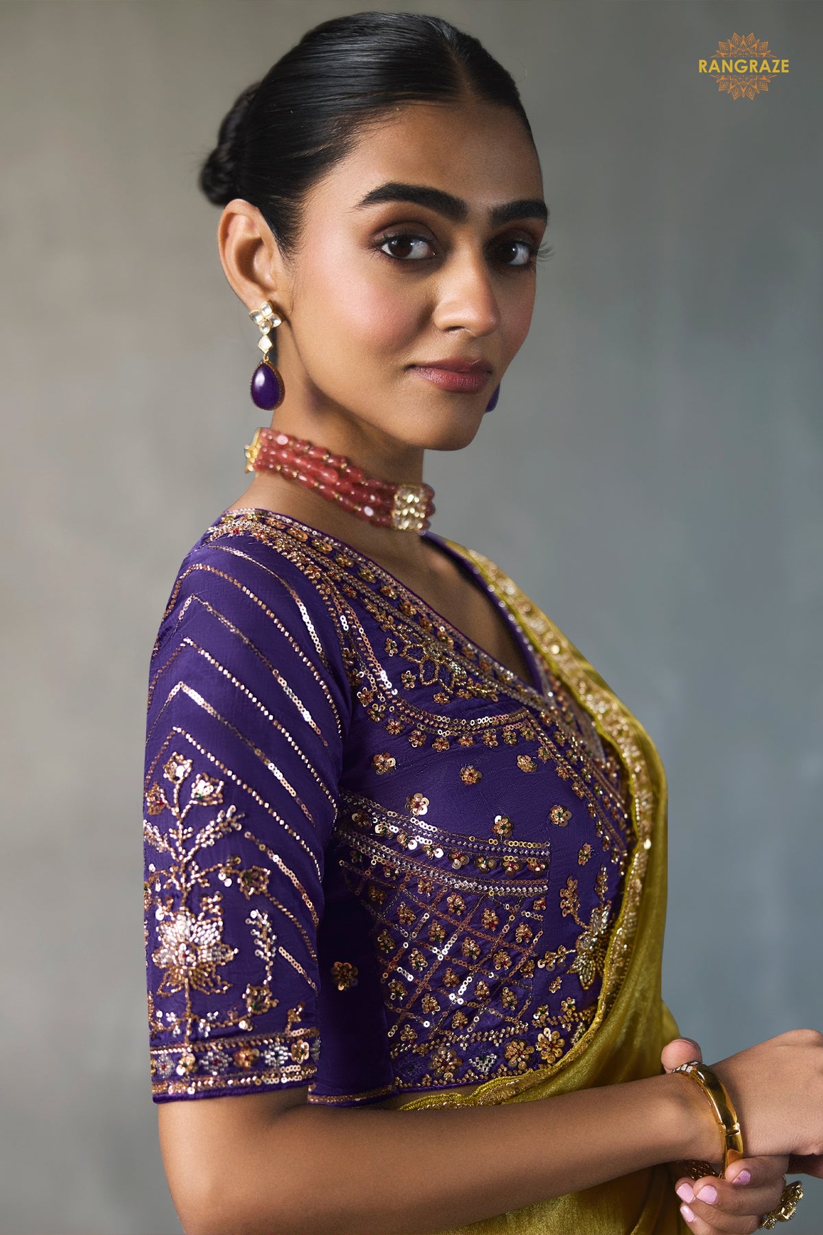 Golden Olive Bead Work Sheer Texture Silk Saree