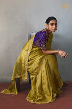 Golden Olive Bead Work Sheer Texture Silk Saree