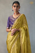 Golden Olive Bead Work Sheer Texture Silk Saree