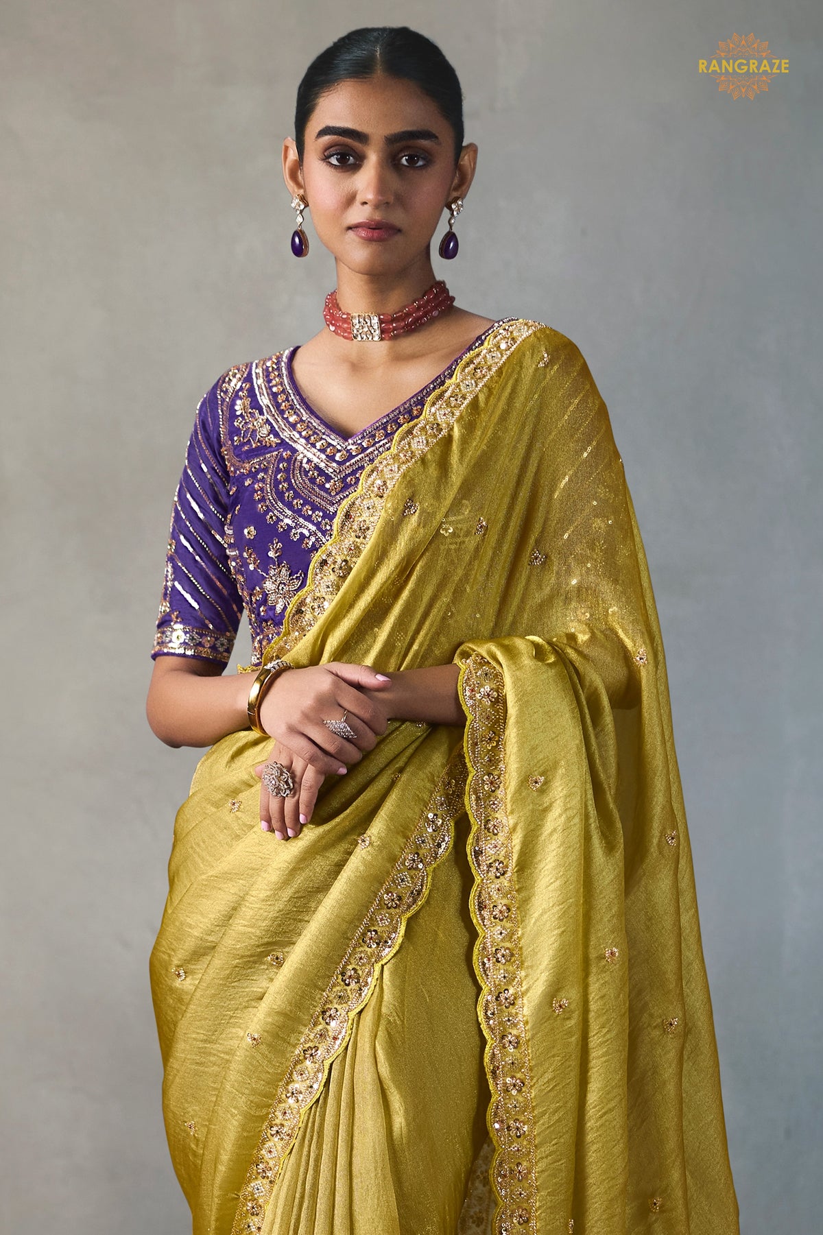 Golden Olive Bead Work Sheer Texture Silk Saree