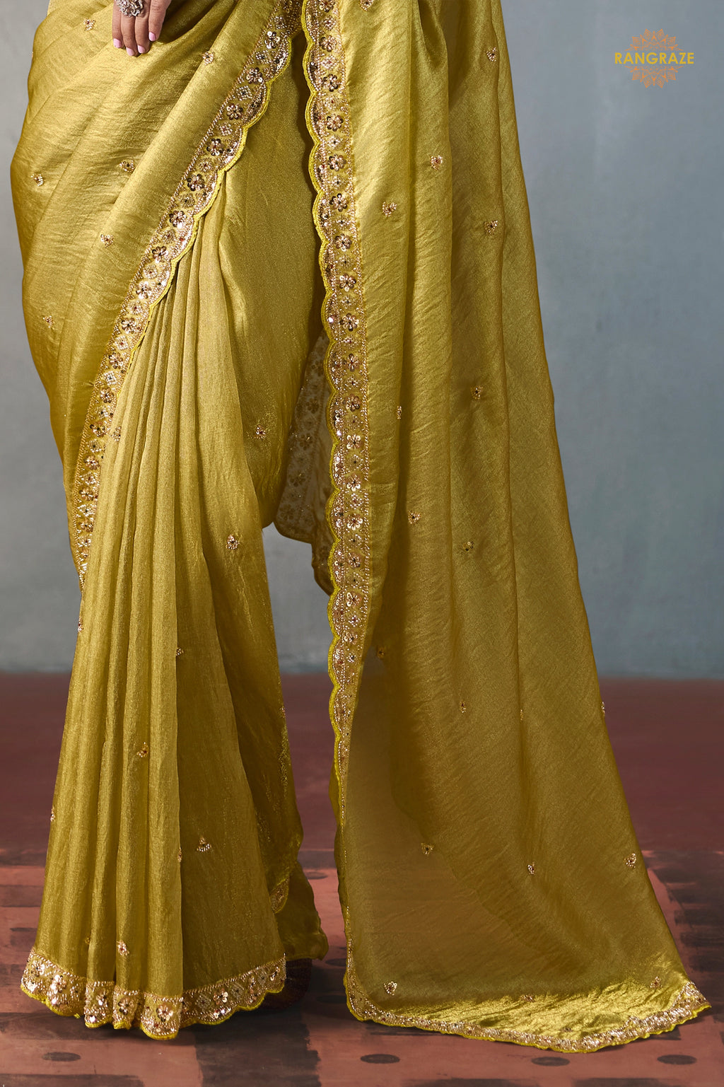 Golden Olive Bead Work Sheer Texture Silk Saree