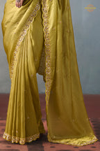 Golden Olive Bead Work Sheer Texture Silk Saree