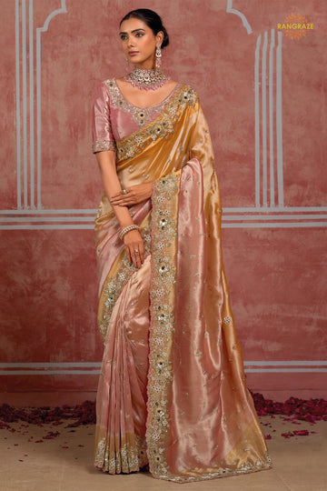 Golden Pink Embroidered Ziraf Silk Saree