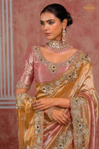 Golden Pink Embroidered Ziraf Silk Saree