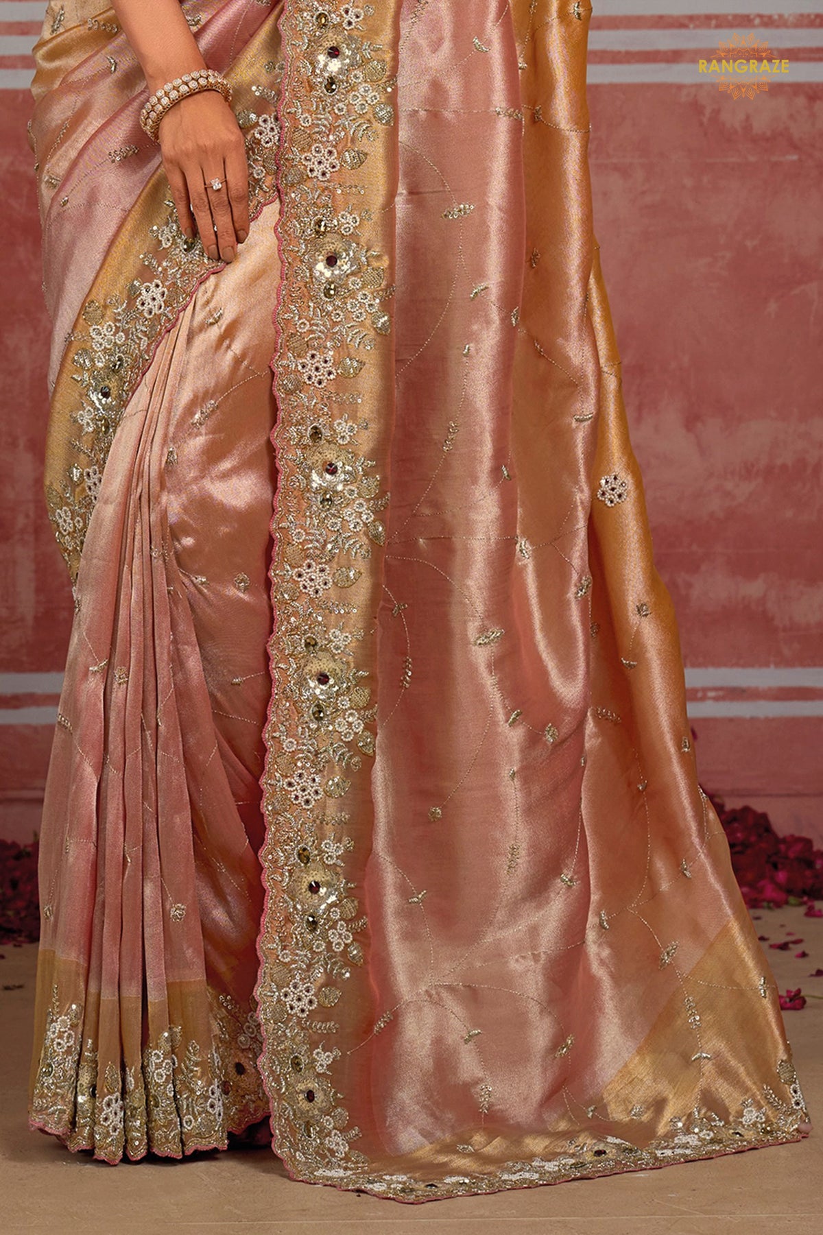 Golden Pink Embroidered Ziraf Silk Saree