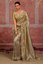 Golden Silver Embroidered Ziraf Silk Saree