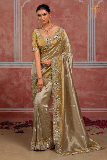 Golden Silver Embroidered Ziraf Silk Saree