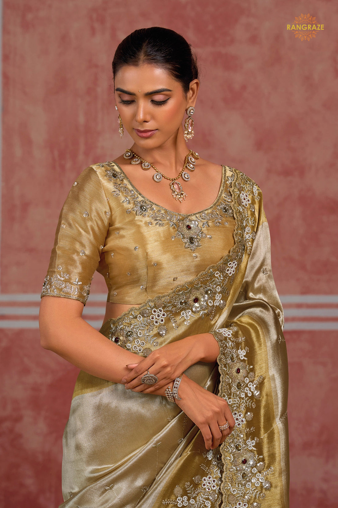 Golden Silver Embroidered Ziraf Silk Saree