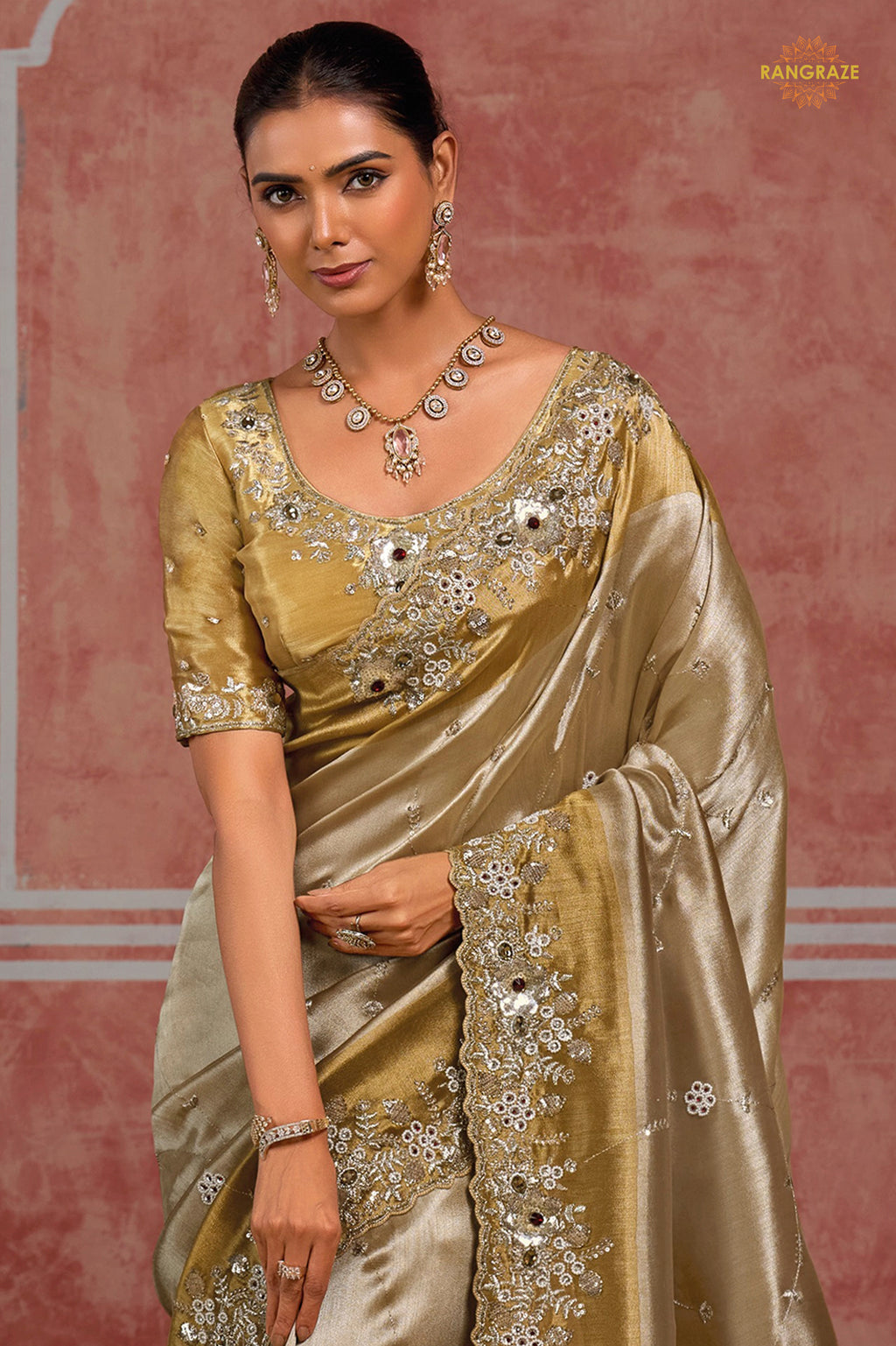 Golden Silver Embroidered Ziraf Silk Saree