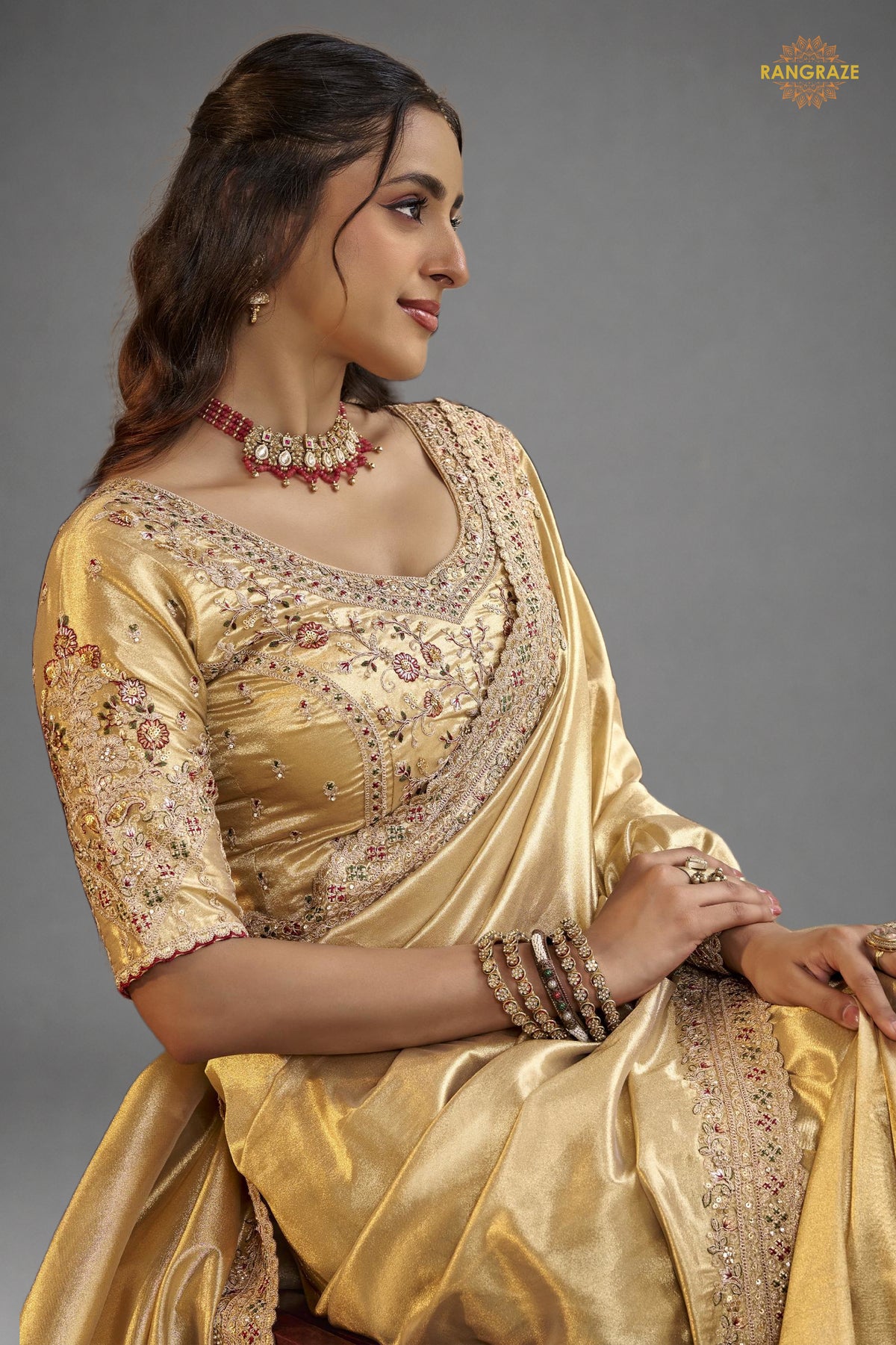Golden Yellow Embroidred Fancy Silk Saree